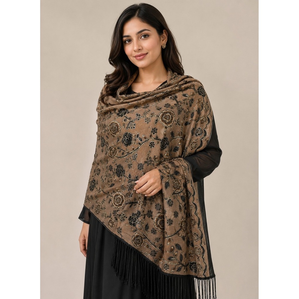 Floral Burnout Velvet Lamé Fringe Shawl Wrap Black Beige Rose Motif  Whimsigoth